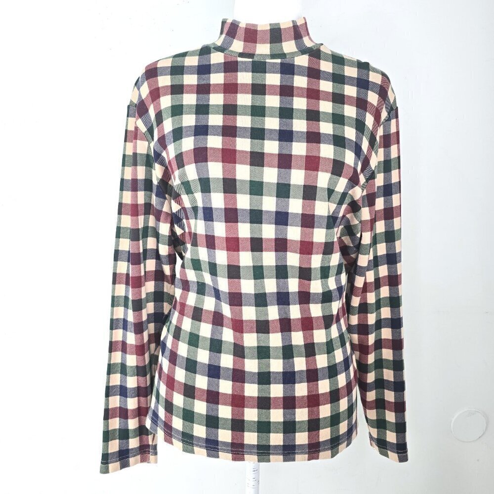 Vintage Tan Brown Green Gingham PLaid High Neck Preppy Academia Long Sleeve Top
